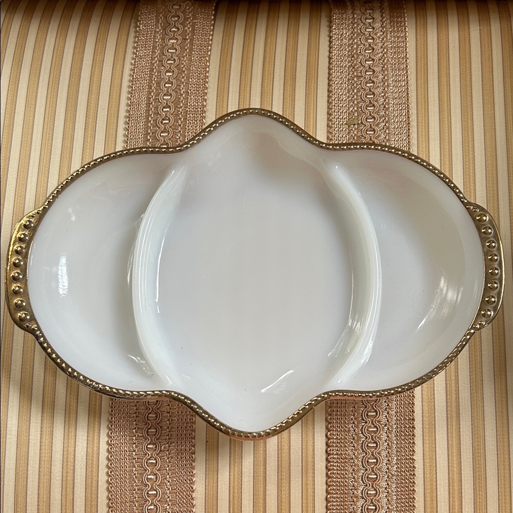 Anchor Hocking Vintage White and Gold Milk Glass Divided Dish